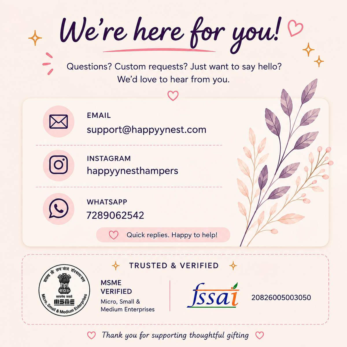 A digital graphic with the headline 'We're here for you!' on a light cream background. It includes contact information for Happy Nest Hampers: email support@happynest.